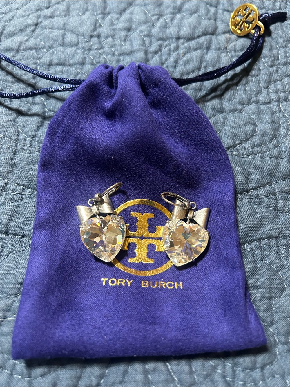 Tory Burch Crystal Heart Drop Earrings with Silver Bows